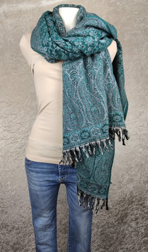Alternative view of Tibet sjaal paisley zeegroen lichtgrijs