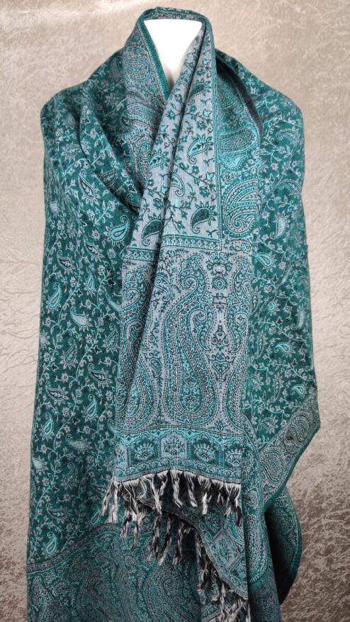 Tibet sjaal paisley zeegroen lichtgrijs