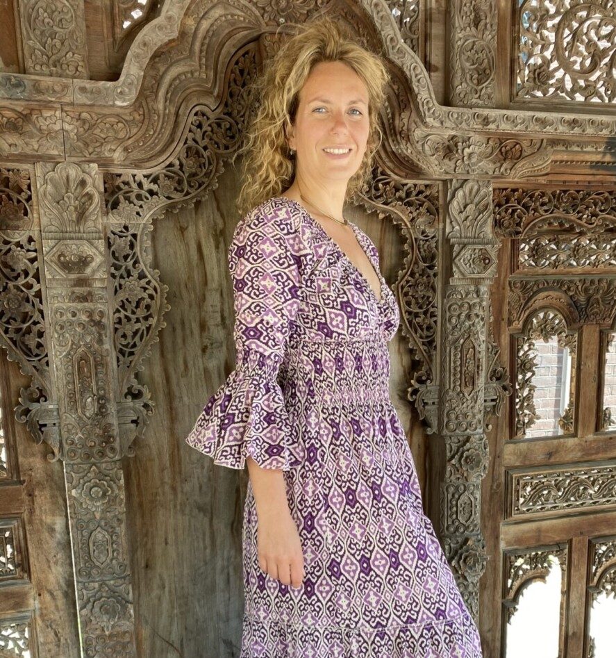 Zomerjurk driekwart mouw blockprint lila-paars