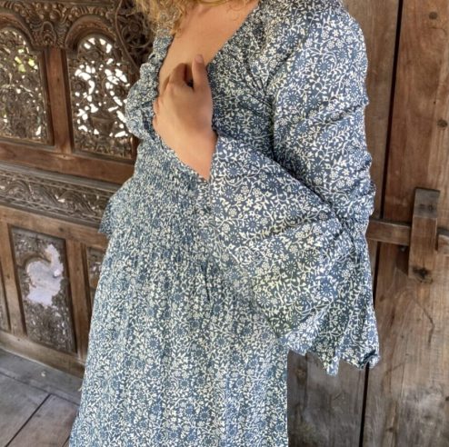 Alternative view of Zomerjurk driekwart mouw blockprint oudblauw-crême