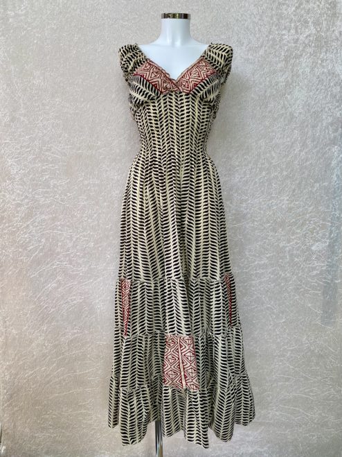 Zomerjurk blockprint zwart rood crême