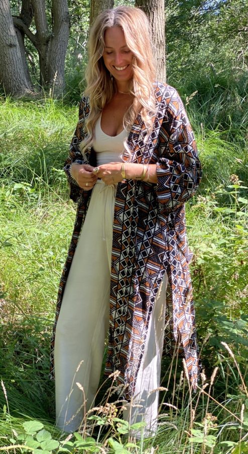 Kimono zwart/roest  linnen blockprint